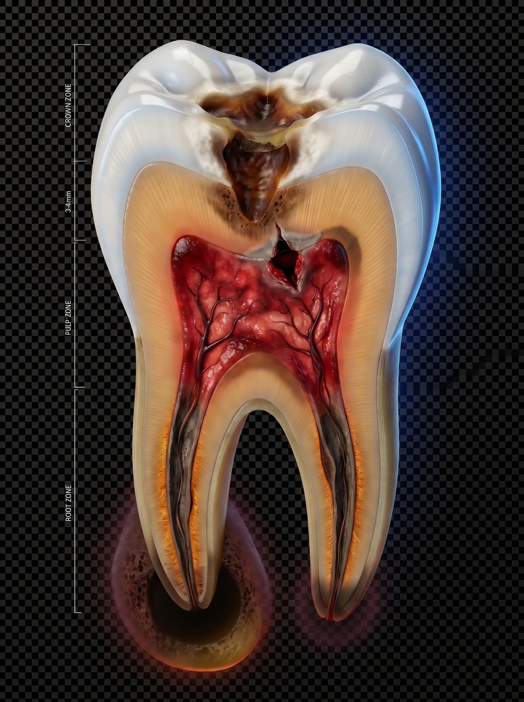 Tooth cross-section showing caries progression